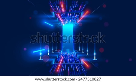 Abstract door in tunnel with digital data center light signals. Future computer technology concept of cyber gate in cyberspace or metaverse. Fantasy cyber door or portal in data center. Tech banner.