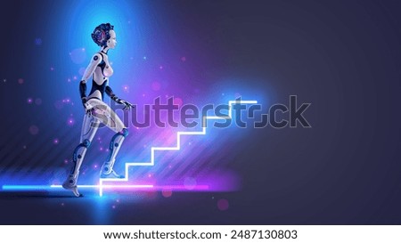 Woman robot or cyborg with AI goes up futuristic stairs in full growth. AI or artificial intelligence learning concept. AI Future technology. Computer neural network training in image of female robot.