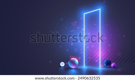 Future door in abstract digital cyberspace. Futuristic opened cyber door, portal in other worlds. Neon gate glowing in the dark. Doorway or door without walls. Time machine concept. Technology banner