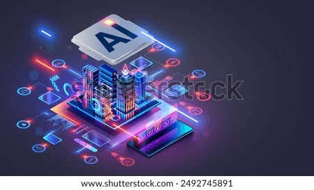 Smart city concept. AI controls Futuristic Smart city. Isometric Futuristic buildings inside chip with Ai or Artificial intelligence which effectively manages urban infrastructure. AI of Smart City.