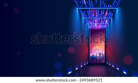 Science fiction door in parallel worlds. Door in tunnel with digital data center light signals. Future cyber gate in cyberspace or metaverse. Fantasy cyber portal or doorway in future virtual city.