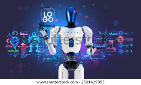 STEM education of kids in online internet school. Children study robotics, 3d printing, software development, technology. Template banner of IT school. Humanoid robot shows logo STEM online school.