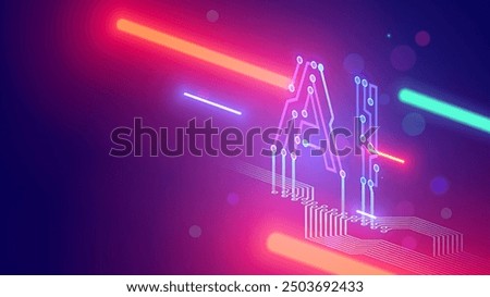 AI letters consist at pcb conductor in isometric. Logo or abbreviation AI in isometric on electronic industry background. Tech banner in hardware development style. Artificial intelligence background.