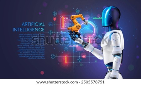 AI management work robots on factory. Humanoid robot with artificial intelligence or AI controls robotics arms on factory or manufacture. Industry 4.0. AI technology in industrial revolution. Concept