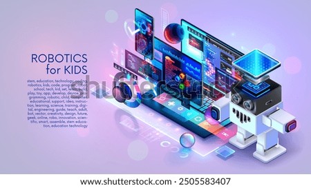 Robotics for kids banner. Kids learning to robotics, coding, AI in online IT school. Engineering courses in internet for kids. Education Kids robot development, robotics technology, coding on laptop.