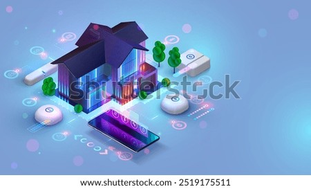 Phone app control Smart home. Smart home technology of house automation system. House standing around phone, wireless connections devices. IOT. Smart home system isometric concept. Internet of things.