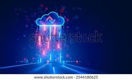 Cloud computing concept. Cloud storage. Digital internet technology. Database remote. Cloud technology. Data center. A digital cloud hangs above the surface and exchanges neon signals in form of rain.