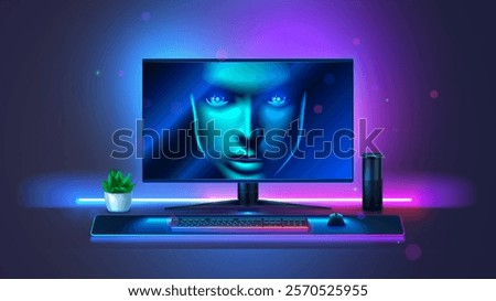 Face of artificial intelligence on computer screen. Gaming computer monitor with keyboard shows an AI face looking at gamer. Modern gaming pc on desk with neon lights. AI look at user from monitor.