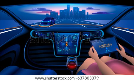 Autonomous Smart car interior. A woman rides a autonomous car in the city on the highway. The display shows information about the vehicle is moving, GPS, travel time, Assistance app. Future concept. 