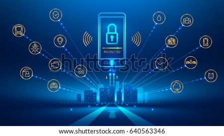 smart phone connection with a smart city. the icon lock on the mobile phone screen. Mobile security, secure wireless connection. The connection is protected. Future concept. Vector illustration.