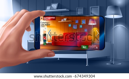 Augmented reality application of smartphone that lets you place virtual furniture to your real home before buying. Man holding smart phone in hand horizontally. 