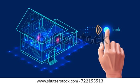 Security system of smart home. 3d house plan x-ray. Control locks the doors and windows over the internet with smartphone application. Home protection wireless system. VECTOR
