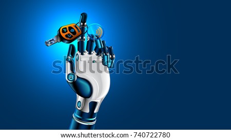 Robot hand with car key. Symbol of autonomous car. Future concept. 