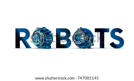 The word or logo  ROBOTS with mechanical letters on white background in the style of cyberpunk. The letter O in the style of the details of the cybernetic mechanism or robot Foto stock © 
