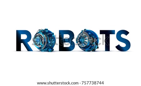 The word or logo ROBOTS with mechanical letters on white background in the style of cyberpunk. The letter O in the style of the details of the cybernetic mechanism or robot Foto stock © 