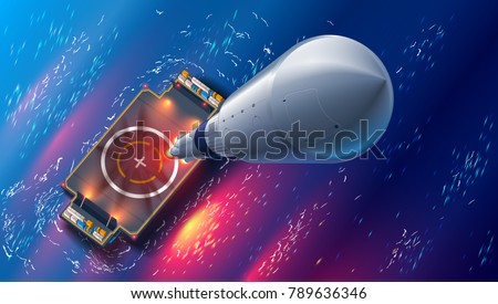 Rocket launch on autonomous spaceport drone ship in sea. Top view. spaceship takes off into space. Marine floating cosmodrome. Aerospace technology future concept. 