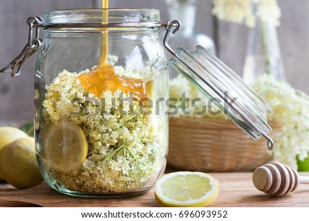 Similar – Image, Stock Photo Elder flower syrup ingredients: Elder branch, lemon and sugar in glass jar