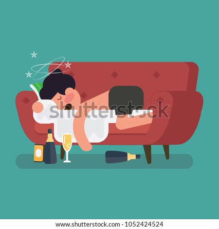 A drunk man sleep on the sofa with a bottle of beer