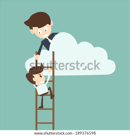 Businessman help to pull another from bottom of cloud 