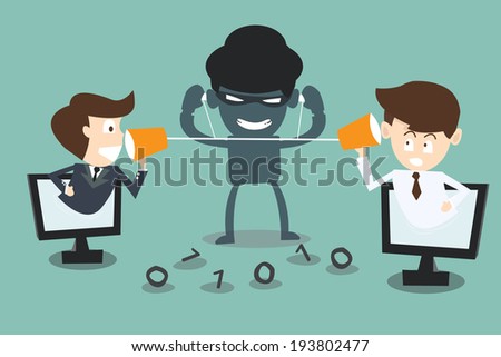  two businessmen speaking with a  hacker spy listening