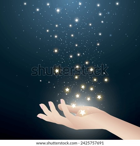Stars in stary night falling in hand. A abstract astronomy background. A concept for wish fulfilled or daydreaming. Vector illustration.