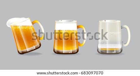 Vector illustration of three beer glasses. One overflow mug, one full mug and one empty mug with foam and bubbles on grey background.