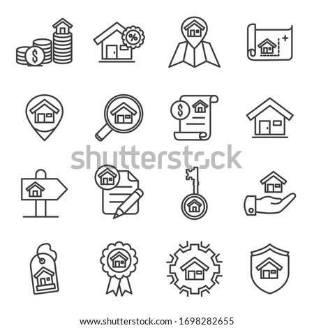 Real estate vector lines icon set. Contains such Icons as blueprint, building, agent and more. Editable Stroke