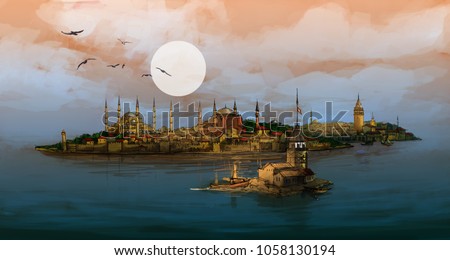 Istanbul Night Panoramic Illustration with Maiden's Tower