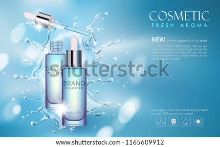 vector bottle serum cosmetic mock up with  transparent water and shine on blue background, with your brand, ready for print ads or magazine design. 商業照片 © 
