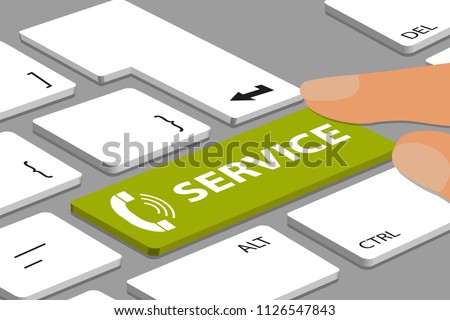 Keyboard With Green Service Telephone Button - Computer Or Laptop With Fingers