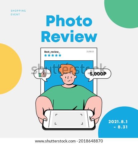 	
Man taking photo with smartphone. photo review promotion. shopping event. vector illustration.
