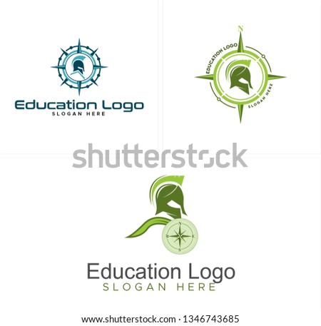 Green line art compass head soldier combination mark logo design vector concept suitable for education security military teamwork teammates