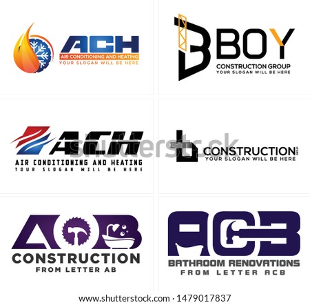 Air conditioning heating construction design logo with bathtub fire snow cold and hammer suitable for industrial renovations company lettering