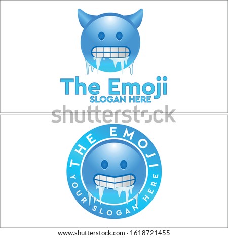 Blue symbol icon with cold grinning face horn circle logo vector suitable for entertainment arts emoji frozen company character
