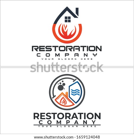 Orange grey blue symbol icon fire home window circle droplet bubble wave water design logo line art vector suitable for construction restoration owners company