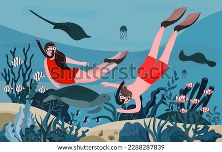 Couple activity, Happy couple dives snorkeling among corals and fishes in the ocean. Relax time, Lover swims together underwater. Couple  illustration concept.