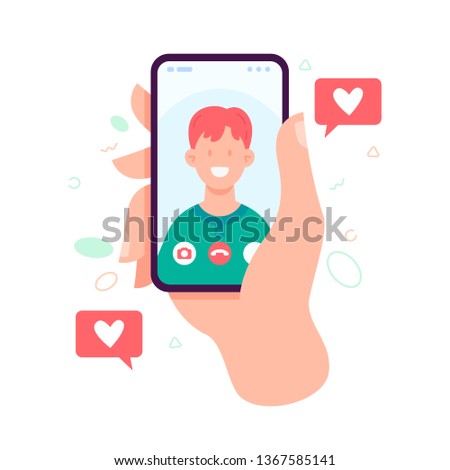 Female hand holding smartphone with boyfriend on screen. Video call with loved one. Video call concept. Vector flat cartoon illustration