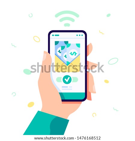 Receiving money low cost free concept. Online money transfer illustration. Vector flat illustration with hand holding smartphone. Online money, mobile payments for web page, banner and social media.