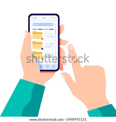 Hand holding modern cell phone with folder search and data synchronisation. Touchscreen device with different folders and lists. Vector flat cartoon illustration for web sites and banners design.