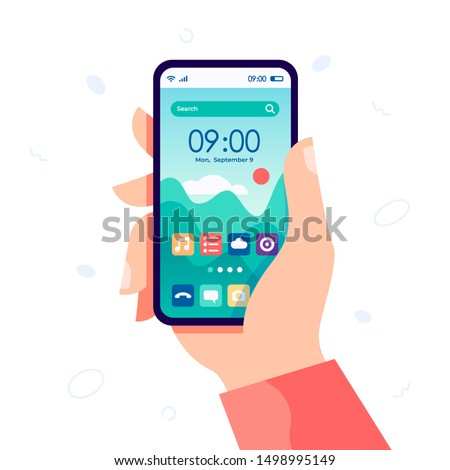 Hand holding modern cell phone with home screen smartphone interface. Touchscreen device with search bar and forecast. Start screen with app icons, shortcuts. Vector flat cartoon illustration