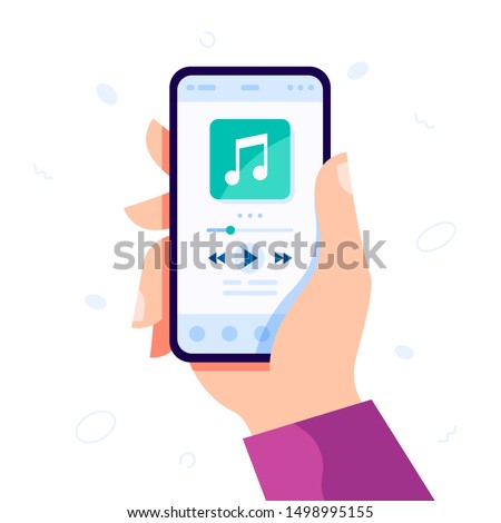 Hand holding modern phone playing audio or radio. Smartphone music player user interface concept. Music player app interface vector color template. Media player navigation screen flat illustration