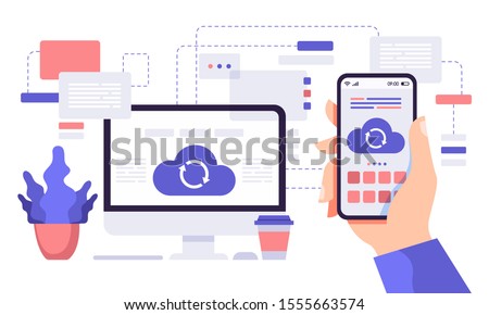 Cloud synchronisation. Computer and phone cloud services, network computing technology users network vector flat illustration