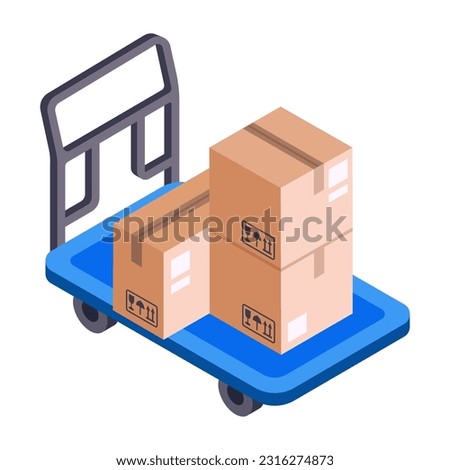 Isometric warehouse cart. Storage truck with cardboard boxes. Logistics 3d vector illustration