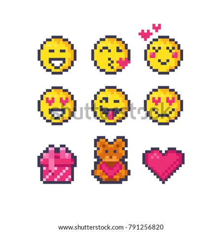 Cute pixel valentine icons: heart, emoji in love, gift and teddy bear. Smile icons. Isolated pixel art vector illustration on white background