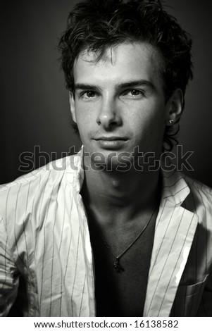 Black and white portrait of sexy young man
