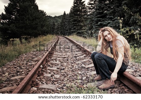 Sad Suicidal Lonely Young Woman On Railway Track Stock Photo 62333170 ...