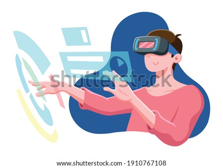 Flat style man wearing virtual reality glasses doing data analysis cartoon illustration