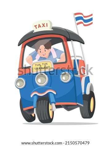 Flat style Thai tuk-tuk taxi driver cartoon illustration