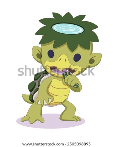 Cute style Japanese mythology folklore creature Kappa eating cucumber cartoon illustration