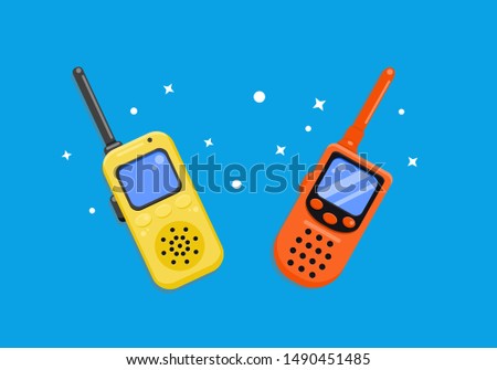 yellow walkie-talkie and orange walkie-talkie with blue background